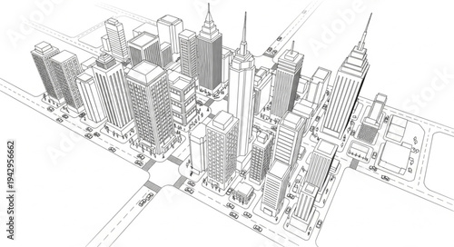 Detailed sketch of a sprawling city skyline with tall buildings.