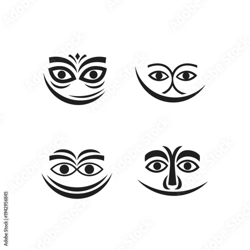Set of stylized tribal faces, masks, and abstract facial expressions