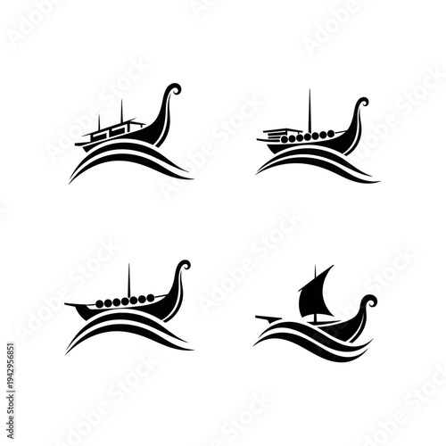 Set of Viking Ship Icons on Waves, Black and White Vector Illustrations
