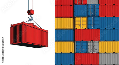 Close-up of a red shipping container being lifted against a stack of colorful containers on a white background