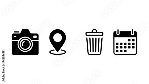 A concise collection of digital and utility icons: camera, location pin, trash can, and calendar.