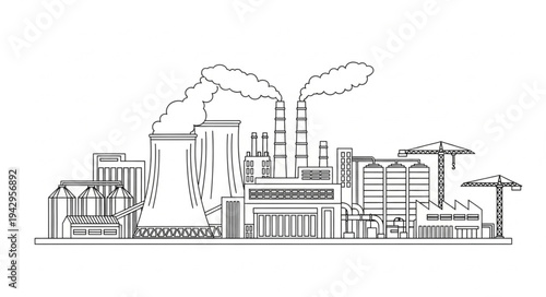 Industrial Factory Building Line Art Illustration.