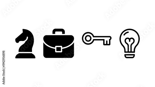 Thought-provoking business and strategy icons featuring a chess knight, briefcase, key, and lightbulb.