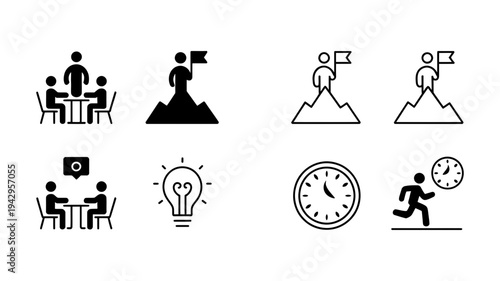 Dynamic business icons illustrating team strategy, ambitious goals, communication, innovation, and time-sensitive progress.