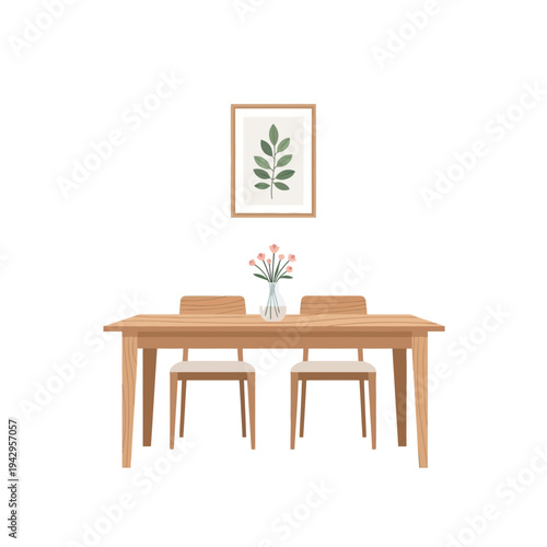 Minimalist dining set with wooden table, chairs, and floral decor on white background