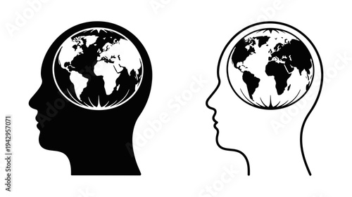 Two striking profile icons depicting a human head with a world map inside, symbolizing global thinking and awareness.