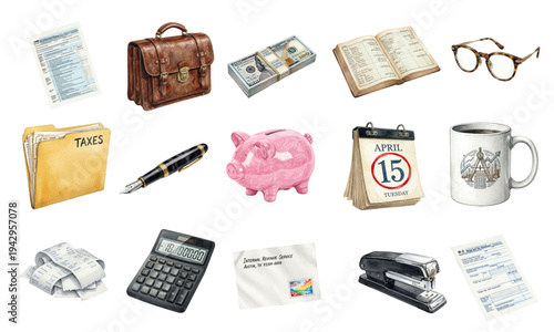 Business and tax day icons set for tax return season