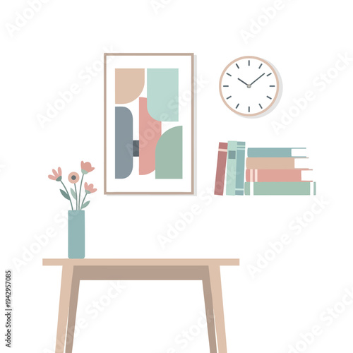 Minimalist home office desk with abstract art, books, vase, and clock
