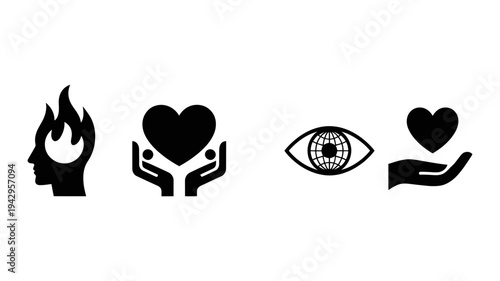 Emotive icons representing passion, care, global vision, and compassion in both solid and outline forms.