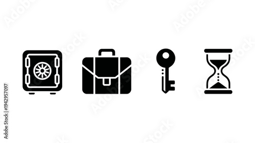 Critical business and time management tools represented by simple, elegant black glyph icons.