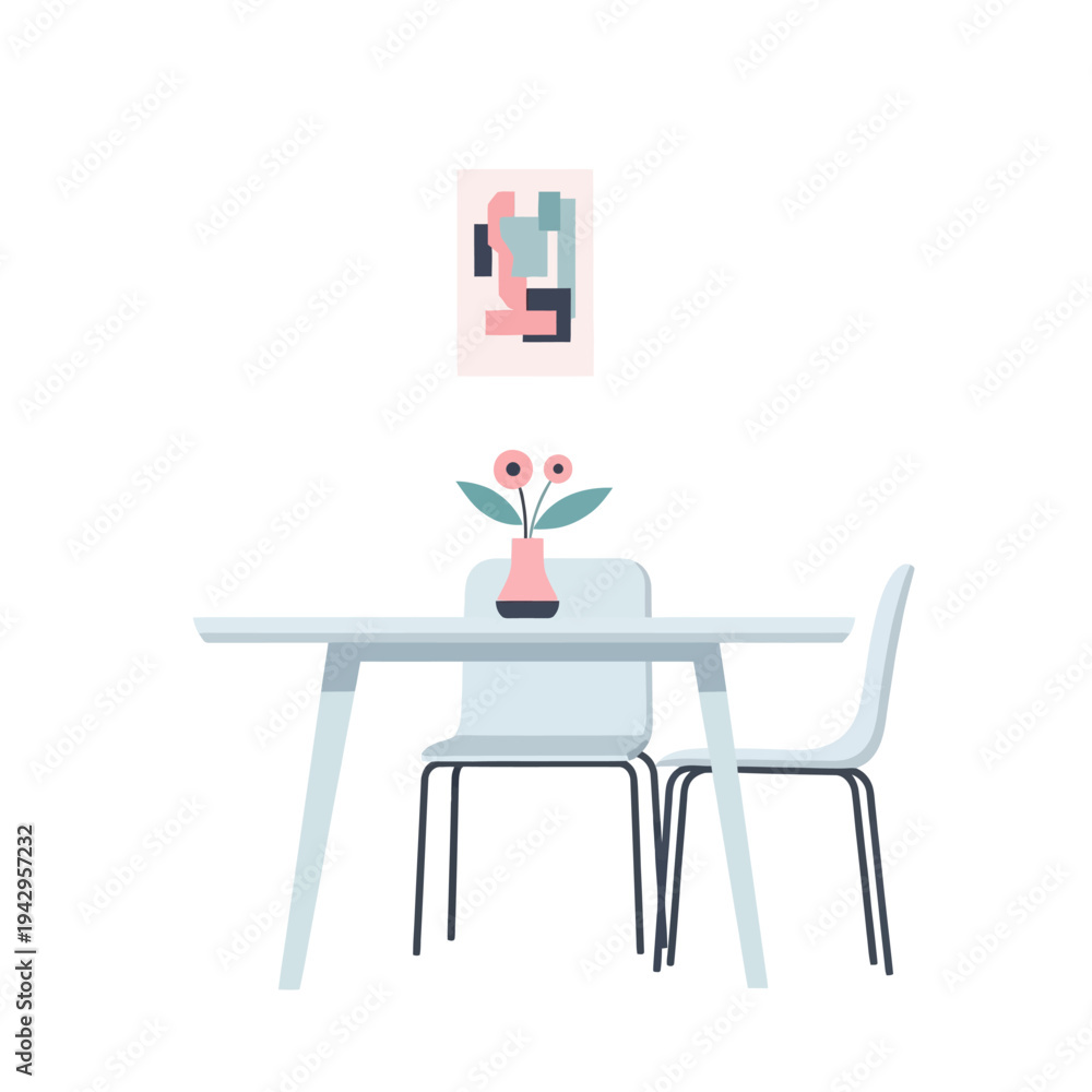 Fototapeta premium Modern Dining Room Setup with Abstract Art and Flowers
