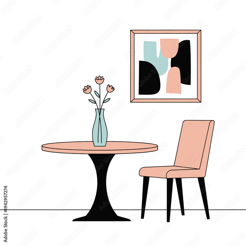 Fototapeta premium Modern Dining Set: Round Table, Chair, Vase with Flowers, and Abstract Art