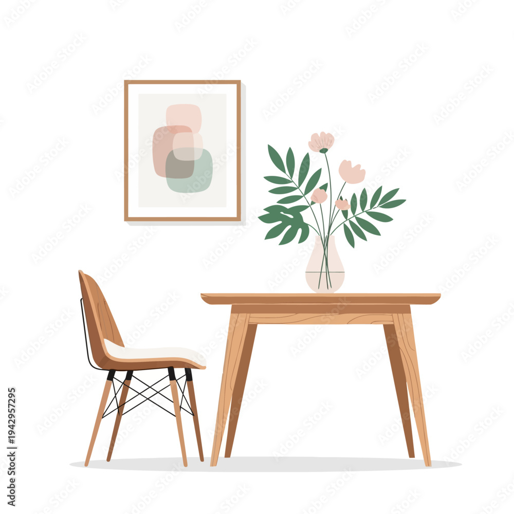 Fototapeta premium Modern Dining Set: Wooden Table, Chair, and Abstract Art on Wall