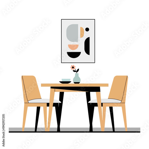 Modern dining room interior with abstract art, minimalist table and chairs, home decor