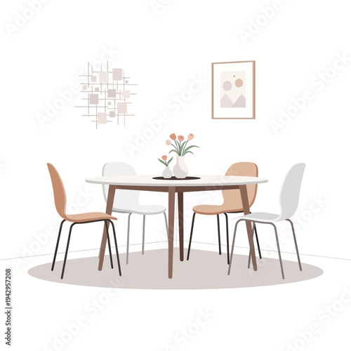 Modern Dining Room Set: Round Table with Four Chairs, Minimalist Decor