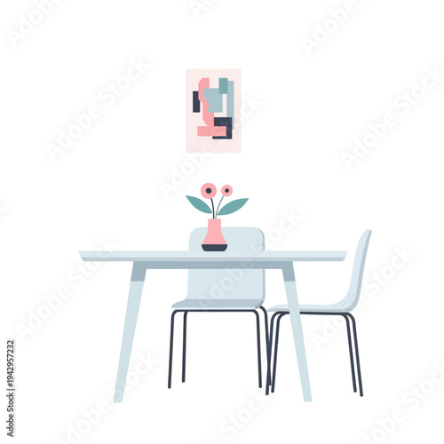 Modern Dining Room Setup with Abstract Art and Flowers