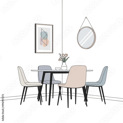 Modern Dining Room with Abstract Art and Round Mirror