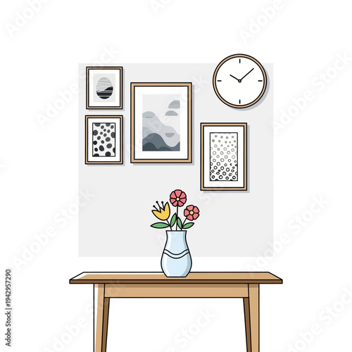 Modern Home Decor: Wall Art, Clock, and Flowers on Table