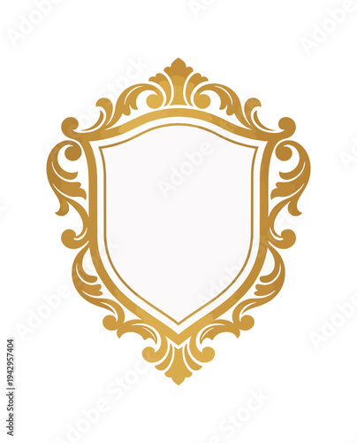 Elegant heraldic shield emblem with decorative gold elements on black