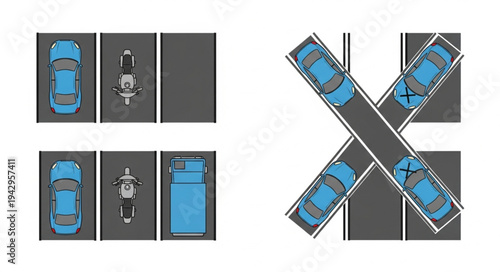 Top view of cars and motorcycles parked in designated spots and crossing.
