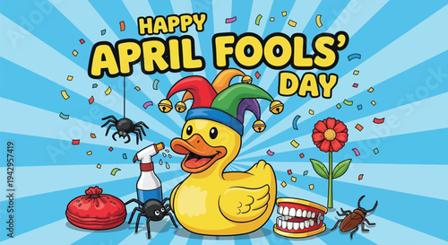 Rubber duck wearing jester hat with spiders and prank toys