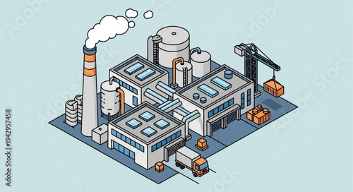 Industrial Factory Building with Chimney.