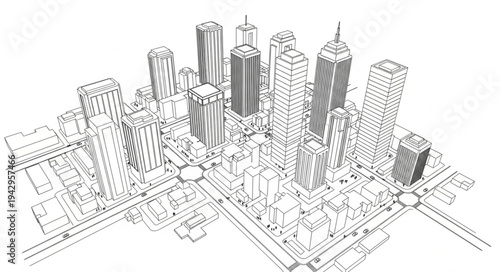 Detailed Sketch of a Modern Cityscape with Tall Buildings.