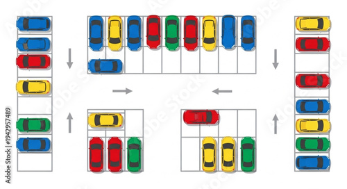 Diagram of a parking lot with different car colors and parking arrangements.