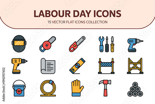 Labour Day icons collection of fifteen vector flat images