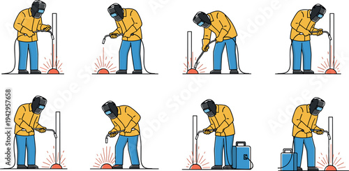 Industrial welder worker welding metal with protective mask vector set, construction welding process illustration for fabrication, metalwork, manufacturing and engineering workshop