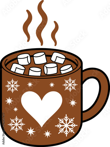 Brown mug with marshmallows and snowflakes and heart on side hot chocolate drink