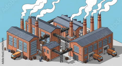 Industrial Factory Building with Chimneys.