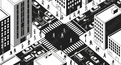Busy City Intersection with Pedestrians and Cars.