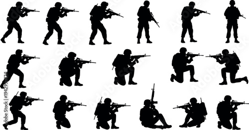 Military soldier silhouettes with rifles in different tactical poses, army combat soldiers vector set for defense, warfare, security forces and battlefield action illustration