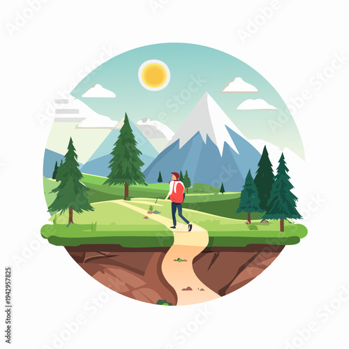 Adventurous hiker embarking on a serene mountain journey, exploring winding trails amidst majestic peaks and a vibrant natural landscape under the bright sun