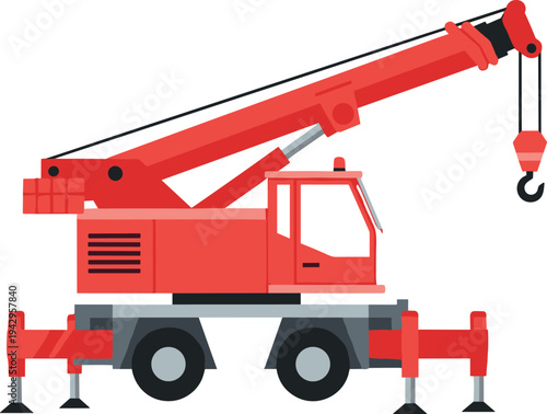 Mobile crane truck vector illustration with hydraulic boom and hook, heavy construction lifting equipment vehicle used for industrial engineering, building site operations and cargo handling