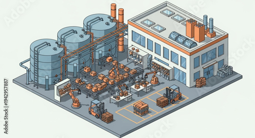 Industrial Factory Building with Machinery.