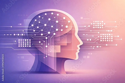modern abstract illustration of a human head silhouette constructed from layered translucent panels with clean geometric alignment, refined 