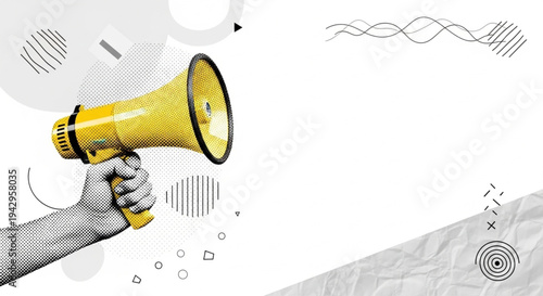 Yellow megaphone held by a hand with graphic elements on a white background, symbolizing announcement and promotion