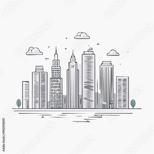 Minimalist line art illustration of a modern city skyline with skyscrapers and clouds, perfect for architectural, urban planning, or business design concepts