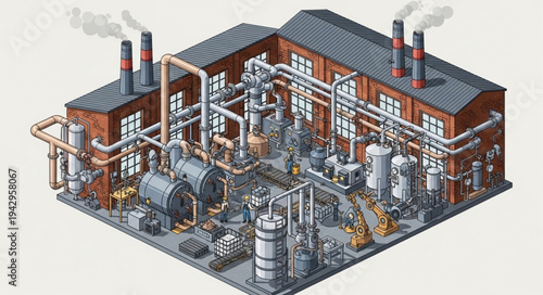 Industrial Factory Building with Machinery.