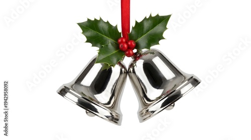 Wallpaper Mural Shiny silver Christmas bells with holly and red ribbon on white Torontodigital.ca