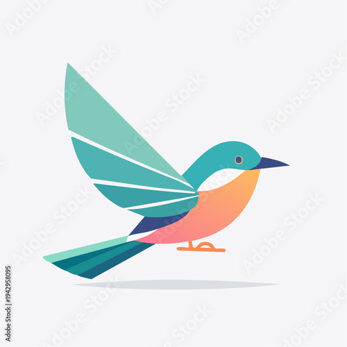 Stylized Illustration of a Colorful Bird in Flight with Geometric Wing Design