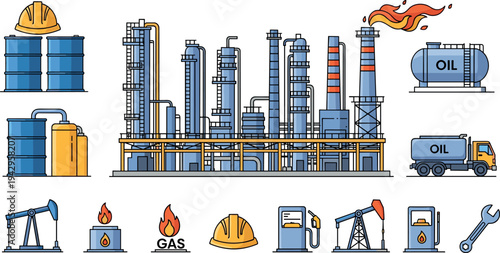 Oil refinery and petroleum industry equipment set with drilling pumpjack gas flame storage tanks fuel truck and industrial plant flat vector illustration