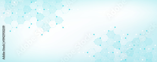 Modern health care or medical background design. Health care innovation concept. Horizontal header web banner. Abstract geometric background with hexagon shapes for medicine, science, chemistry.