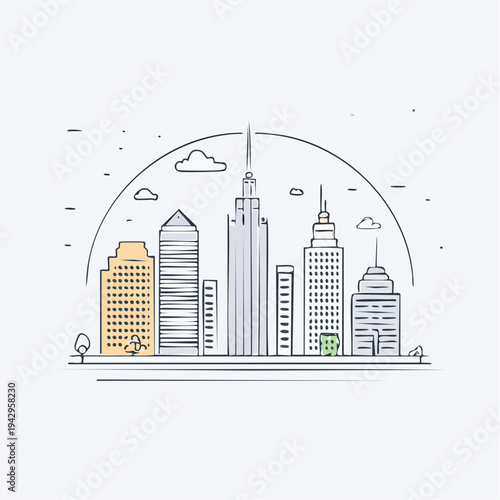 Clean Modern Urban City Skyline Line Art Design with Skyscraper Buildings and Architecture Elements