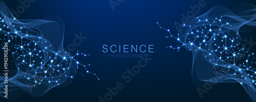 Molecular abstract structure and genetic engineering DNA. Healthcare and medicine background concept. Scientific research background. Wave flow. Innovation pattern. Vector illustration.