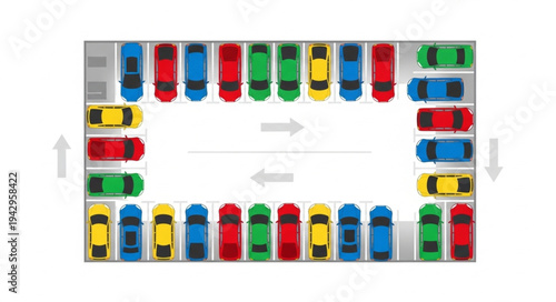 Aerial view of a busy parking lot filled with colorful cars.