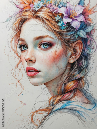 Ethereal young woman with flowing hair features delicate pink roses and a golden circular halo. Artistic pencil sketch with soft watercolor tones depicts a mystical fantasy female portrait.