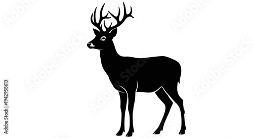 Silhouette of a majestic stag with large antlers, standing alert in a profile view against a white background.
